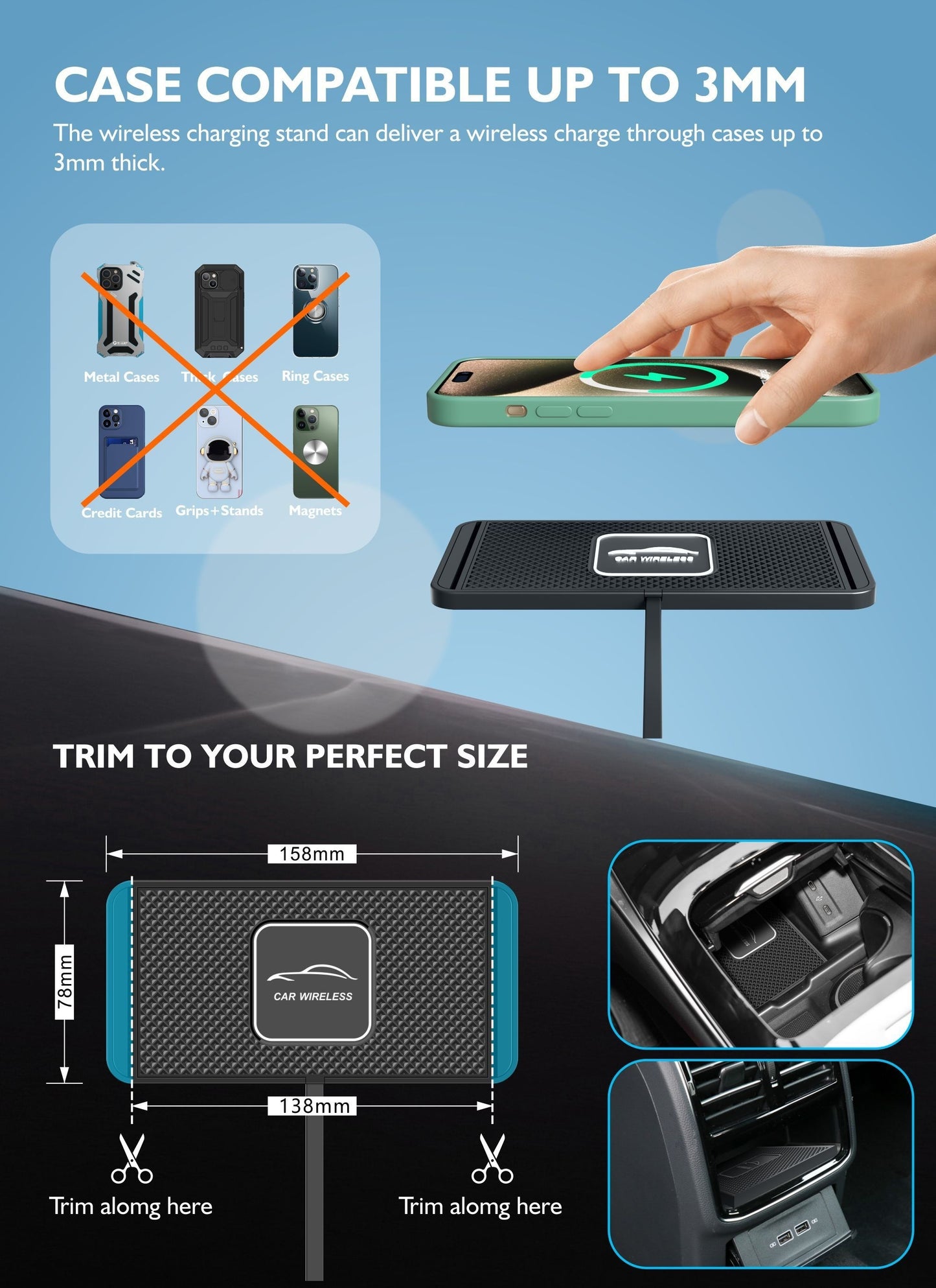 USB Connector Fast Charging Wireless Car Charger Pad, 15W, Qi-Compliant, Non-Slip, Compatible with iPhone 14/13/12/11 & Samsung, Quick Charge Wireless Charging Station for Vehicle Retrofit