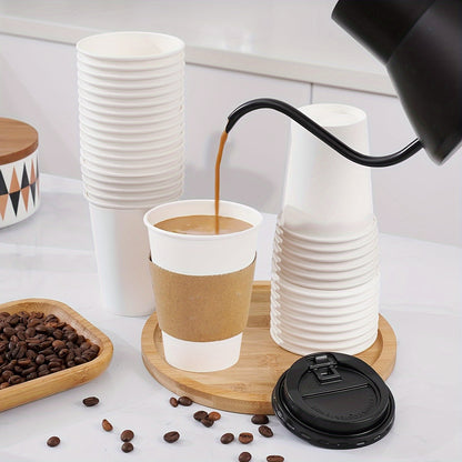 50-Pack Disposable Coffee Cups with Lids & Sleeves - 12/16 oz Eco-Friendly White Paper Cups, Black Lids for Hot Drinks, Tea, or Chocolate - Hiccupzz