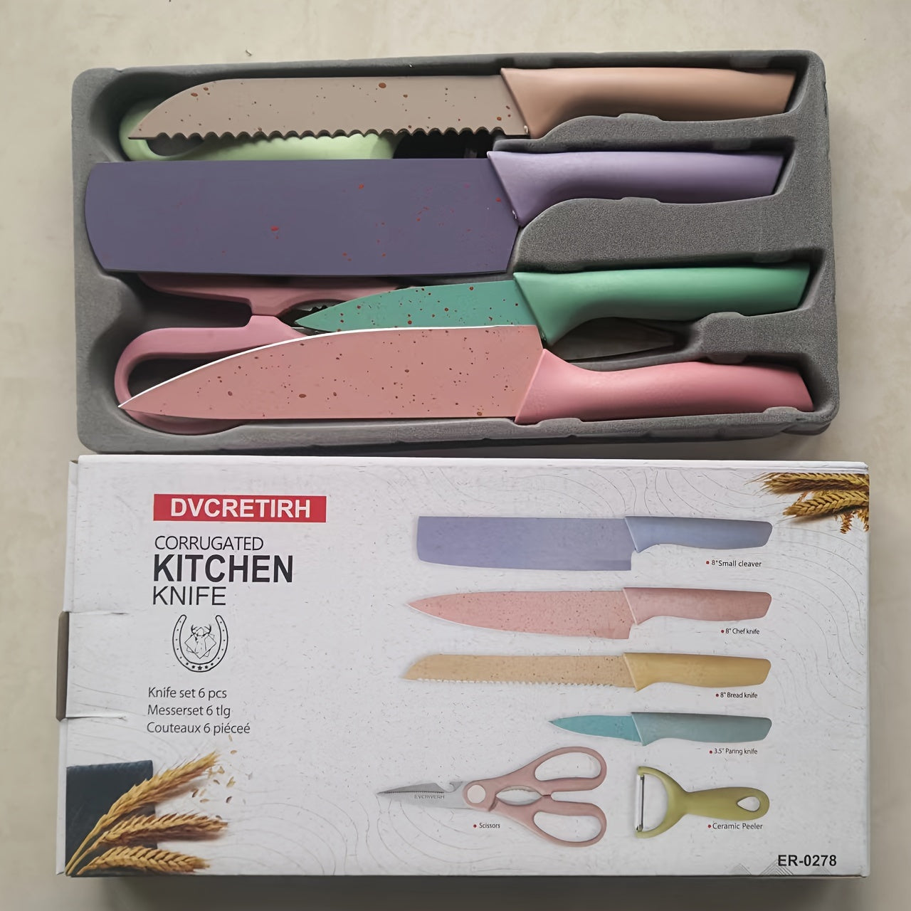 Colorful 6-Pcs Kitchen Knife Set - High Carbon Stainless Steel, Non-Stick Coating, Gift Box, Ideal for Cooking, Camping, RV Travel, and Dormitory Use