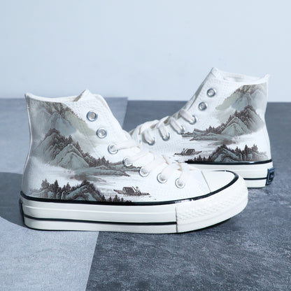 Chinese Style Canvas Shoes Retro Landscape Painting Lotus Pond Bamboo Forest Student High-top Board Shoe - Hiccupzz