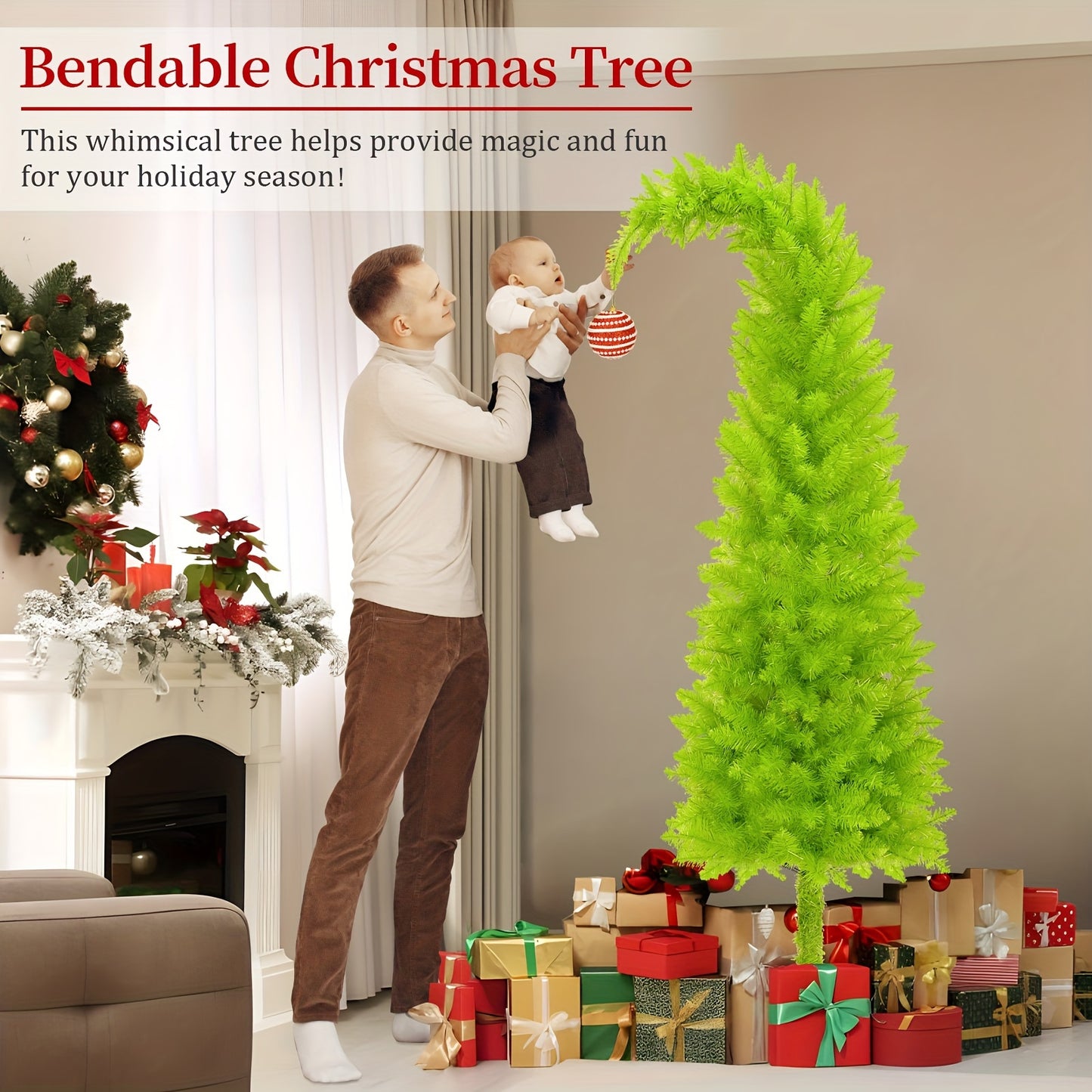 1 Pc 6FT Christmas Tree with Skirt, Lights, and Ornaments - Bendable Artificial Tree for Home, Office, Party, and Outdoor Décor