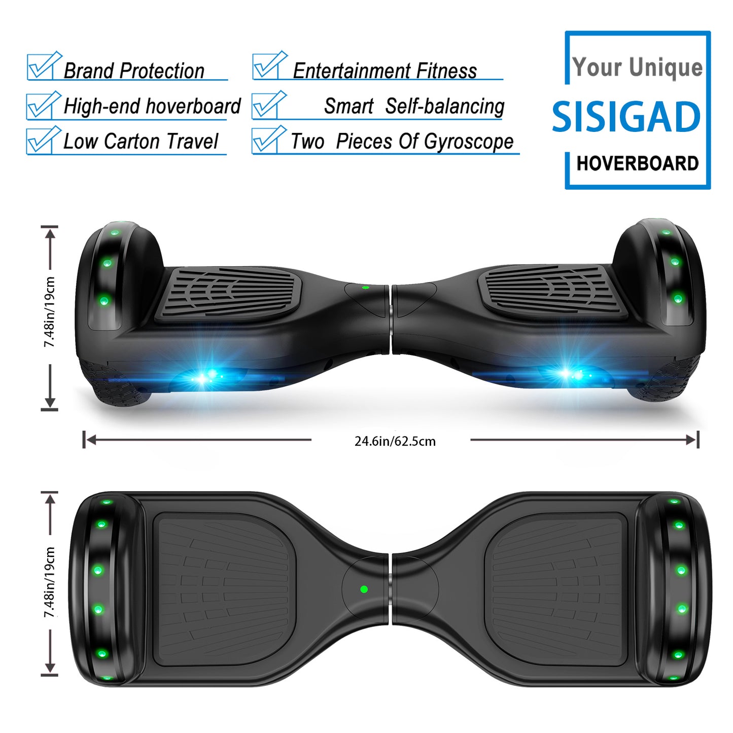 SISIGAD Hoverboard, 6.5 inch Wireless Hover board with 300W Dual Powerful Metors, Self Balancing Two Wheel Scooter with LED Lights, Black