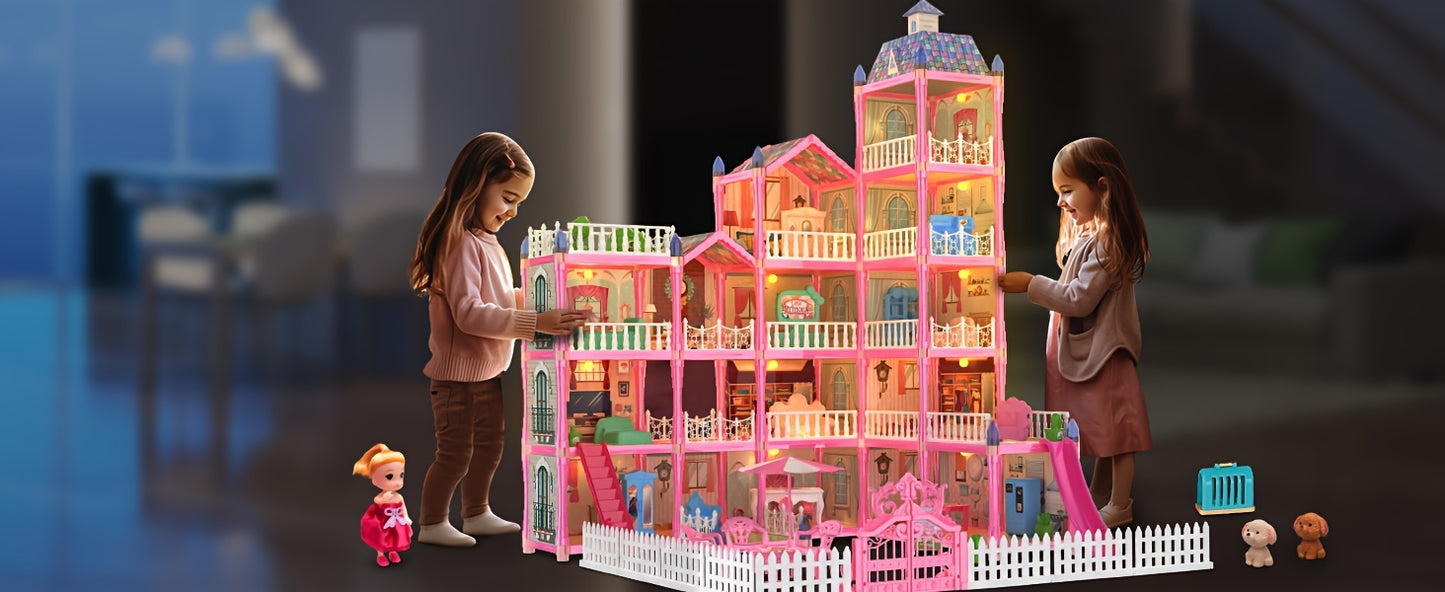 374 Pcs 15 Rooms Doll House For Girls, Princess Playhouse With Lights, Dolls Furniture Accessories,