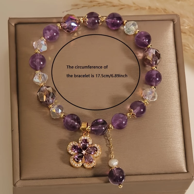 1Pc Fashionable Amethyst Bead Bracelet With Flower Pendent Perfect For Women