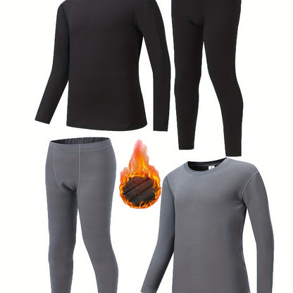 4 Pcs Youngsters' Thermal Underwear Set, Cozy Fleece Lining, Stretchy Knit Fabric - Hiccupzz
