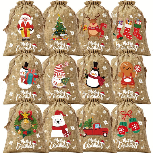 Christmas Cartoon Drawstring Burlap Gift Bags – Reindeer & Assorted Patterns, Small Jute Linen Treat Sacks with Twine Tags for Party Favors, Reusable Holiday Candy Bags, Festive Xmas Gift Wrapping (Set of Multiple Quantitie