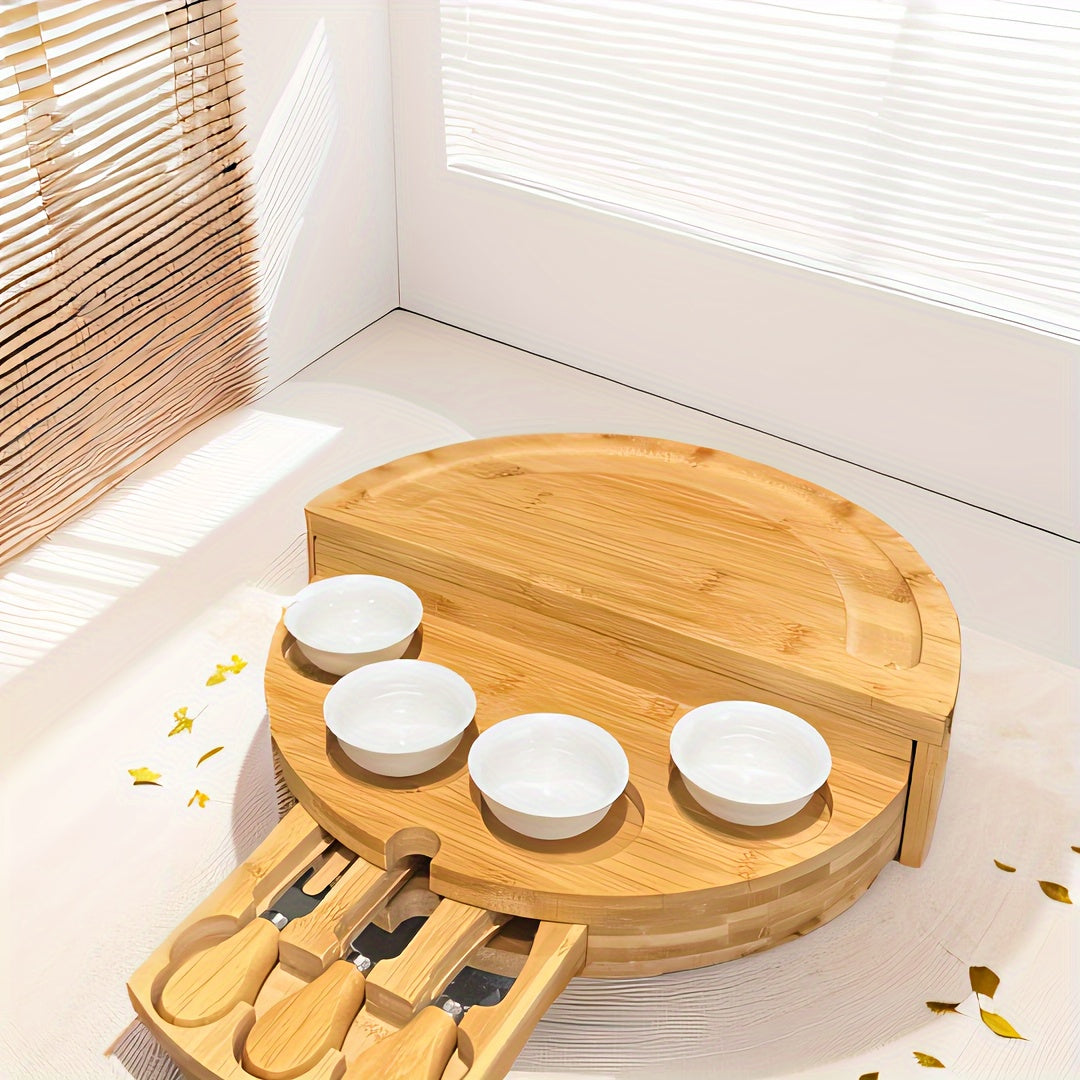 1 Set Bamboo Cheese Board with Slide-Out Drawer & Foldable Storage