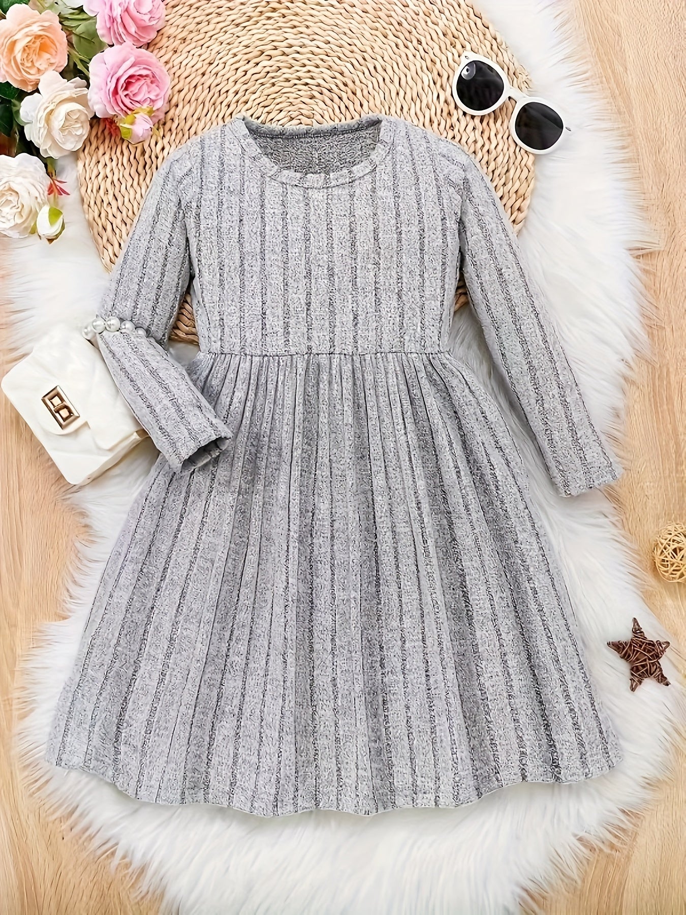 Girls Solid Color Dress, Simple Versatile, Round Neck, Long Sleeve