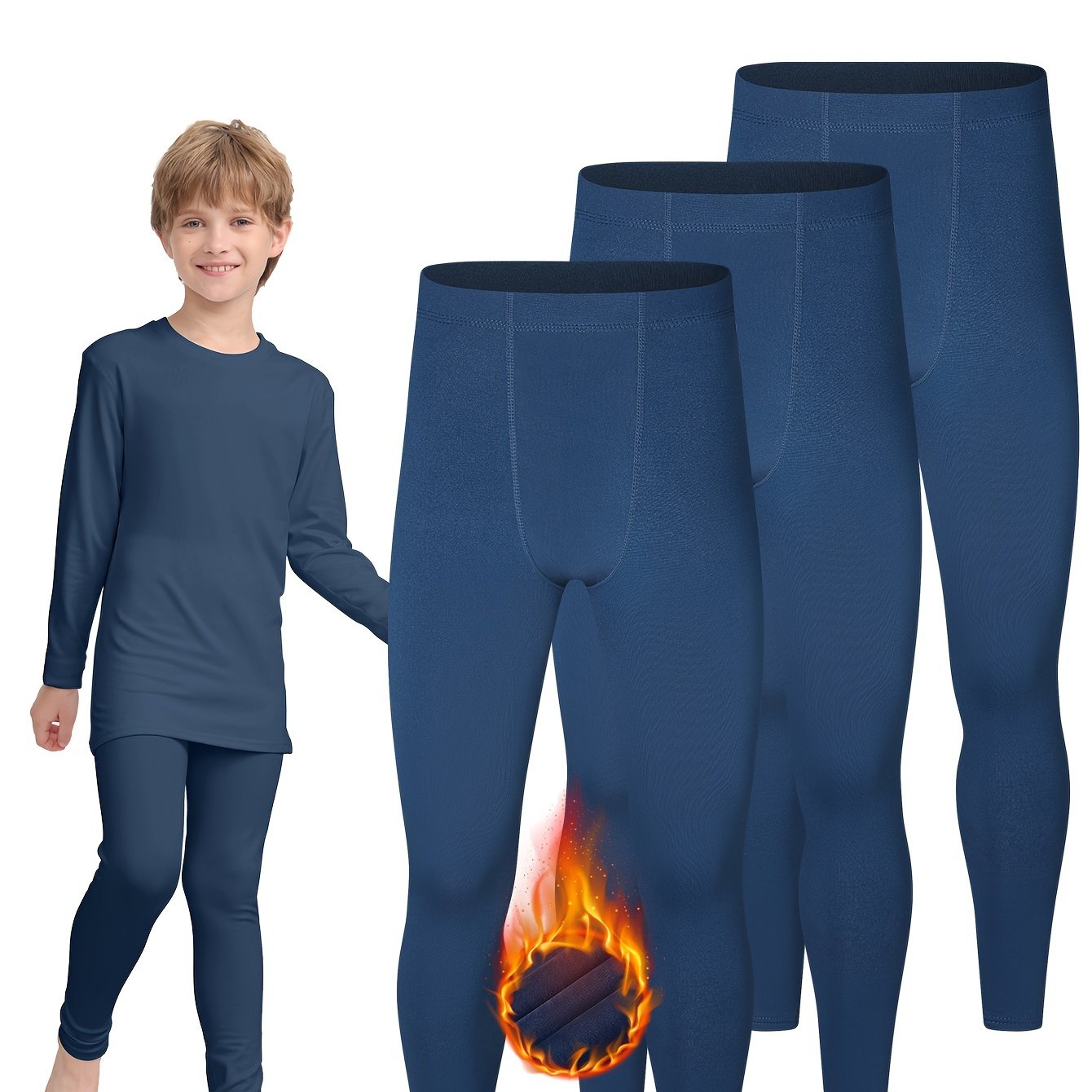 3-Piece Boys' Fleece-Lined Quick-Dry Leggings - Cozy, Stretchy & Warm for Fall/Winter, Soft Fleece & Polyester Blend, Perfect for Outdoor Play & Sports