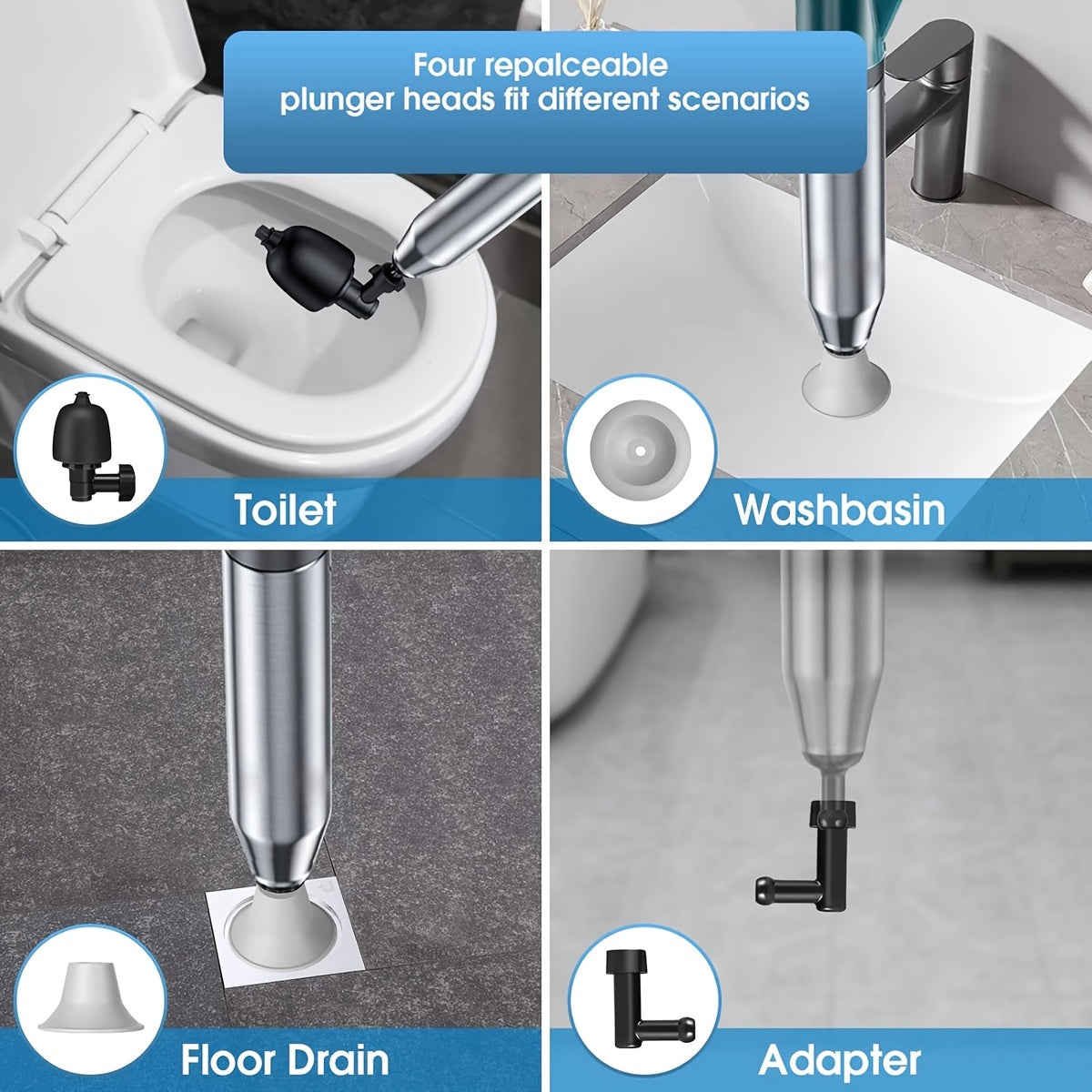 High-Pressure Air Toilet Plunger Set - Stainless Steel Snake & Shockwave Drain Unclogger for Sinks, Bathrooms & Pipes - No Battery Needed