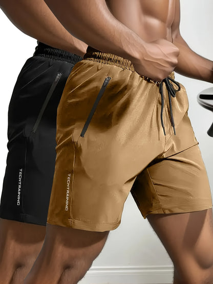 2pcs Men's Letter Print Casual Shorts With Pockets, Sporty Style Elastic Waist Bottoms, Men's Clothing For Summer Gym Workout - Hiccupzz