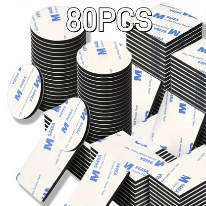 80 Pcs Strong Double-Sided Adhesive Tape Set - Black EVA Foam, Various Shapes, Quick Installation for Walls, Floors, Doors, Wood & Glass