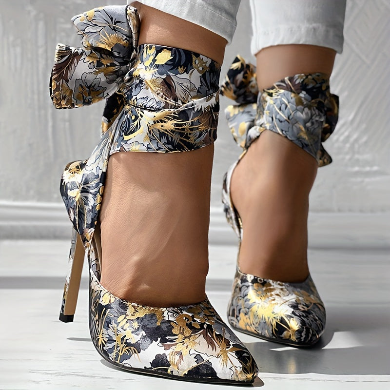 Floral Satin High Heels - Elegant Pointed Toe Lace Up Stilettos for Parties and Dressy Occasions