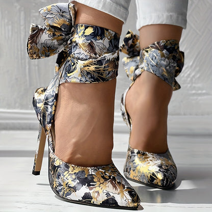 Floral Satin High Heels - Elegant Pointed Toe Lace Up Stilettos for Parties and Dressy Occasions - Hiccupzz