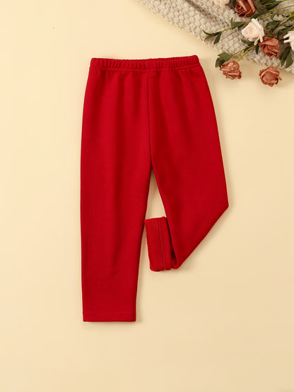 6 Pcs Girls Warm & Thermal & Versatile Solid Colored Fleece Lined Trousers Set For Fall & Winter - Hiccupzz