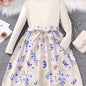 Girls' Floral Spliced Dress, Long Sleeves, Round Neck, Belted, Party Dress - Hiccupzz