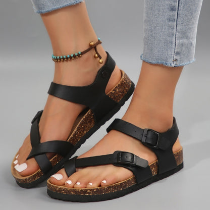 Women's Casual Leather Slides Sandals with Adjustable Buckles, Non-Slip Orthopedic Cork Footbed, Arch Supportive Comfort Fashion Shoes - Hiccupzz