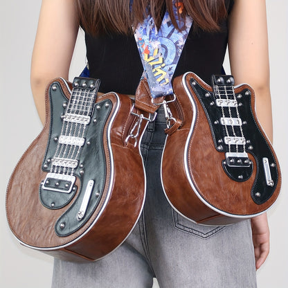 Retro fashion guitar-shaped crossbody bag - Y2K style design,  wide adjustable shoulder strap