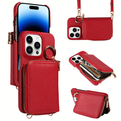 Leather Phone Case with Zipper Lanyard, Wallet, and Card Holder for iPhone (Multiple Models) - Anti-Drop and Convenient - Hiccupzz