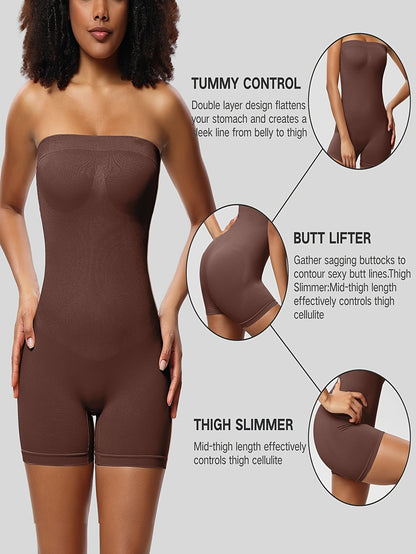 Solid Shapewear Lounge Romper, Tummy Control Butt Lifting Slim Fit Tube Romper, Women's Loungewear - Hiccupzz