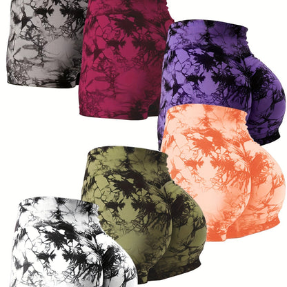 6 Piece Tie Dye Workout Shorts For Women, Scrunch Butt Lifting High Waisted Yoga Gym Seamless Booty Biker Shorts, Women's Activewear - Hiccupzz