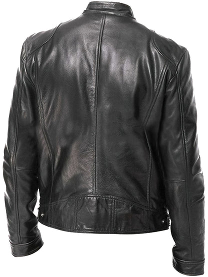 Men's PU Leather Motorcycle Jacket with Zipper Pockets, Autumn/Winter Stand Collar Cardigan Coat - Hiccupzz