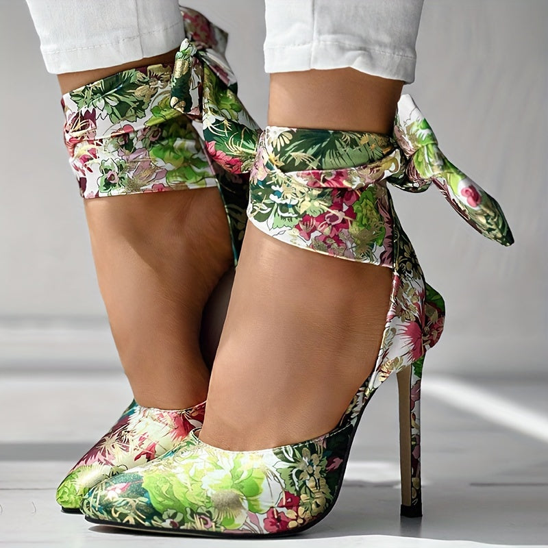 Floral Satin High Heels - Elegant Pointed Toe Lace Up Stilettos for Parties and Dressy Occasions