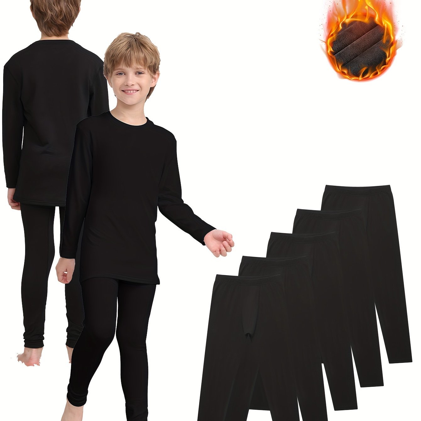 5-Pack Boys' Thermal Leggings - Solid Color, Medium Stretch, Skinny Fit, Comfortable & Soft