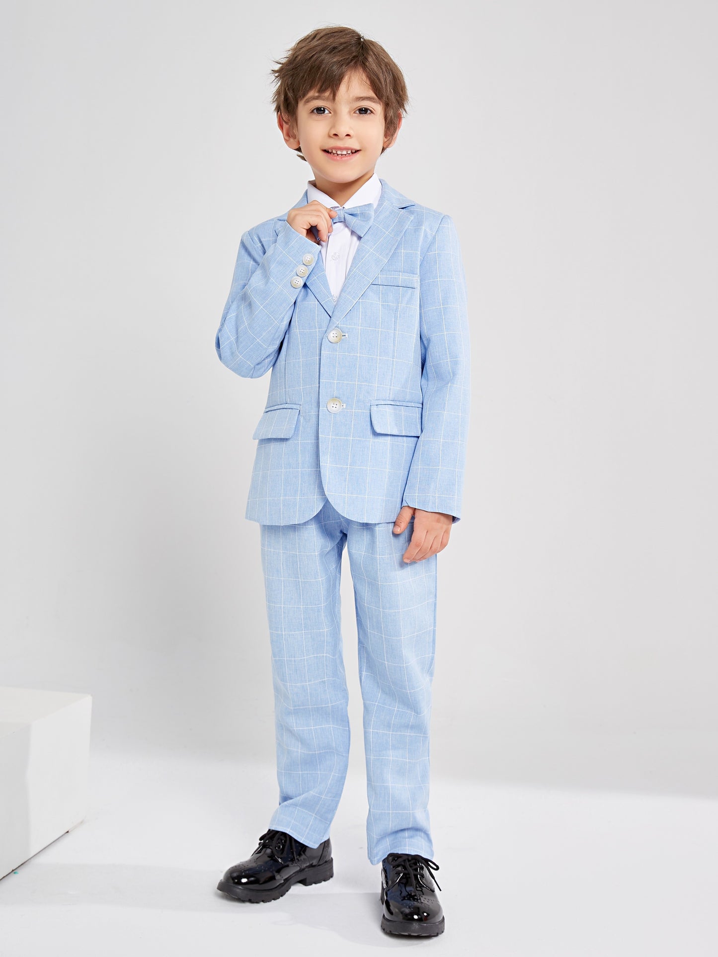 3-Piece Boys Formal Plaid Gentleman Outfit Set, Long Sleeve Blazer, Bowtie, Pants