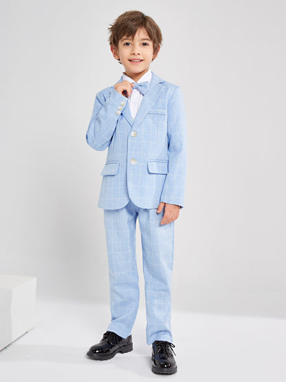 3-Pcs Boys Formal Plaid Gentleman Outfit Set, Long Sleeve Blazer, Bowtie, Pants - Hiccupzz