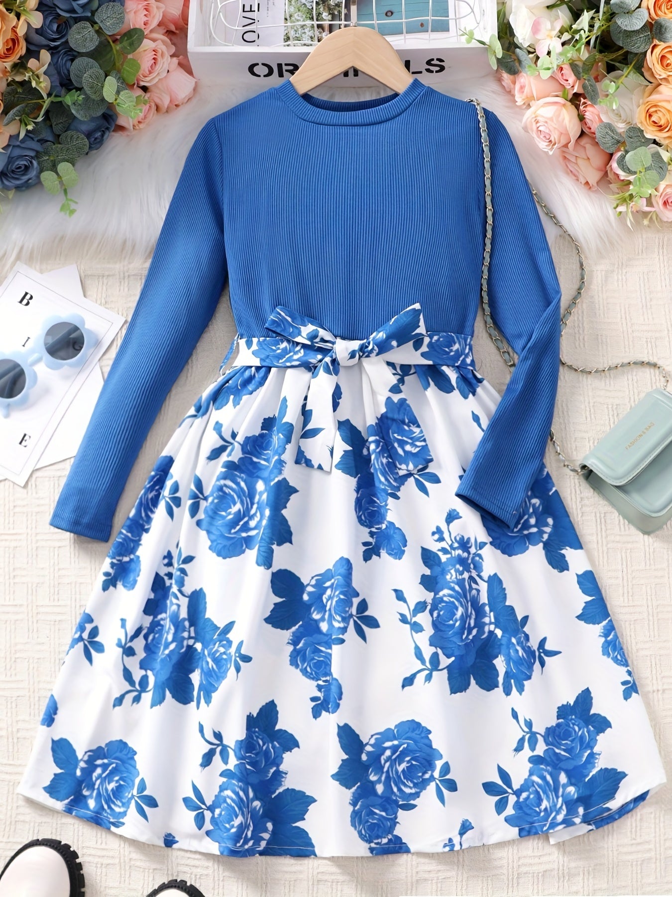 Girls' Floral Spliced Dress, Long Sleeves, Round Neck, Belted, Party Dress