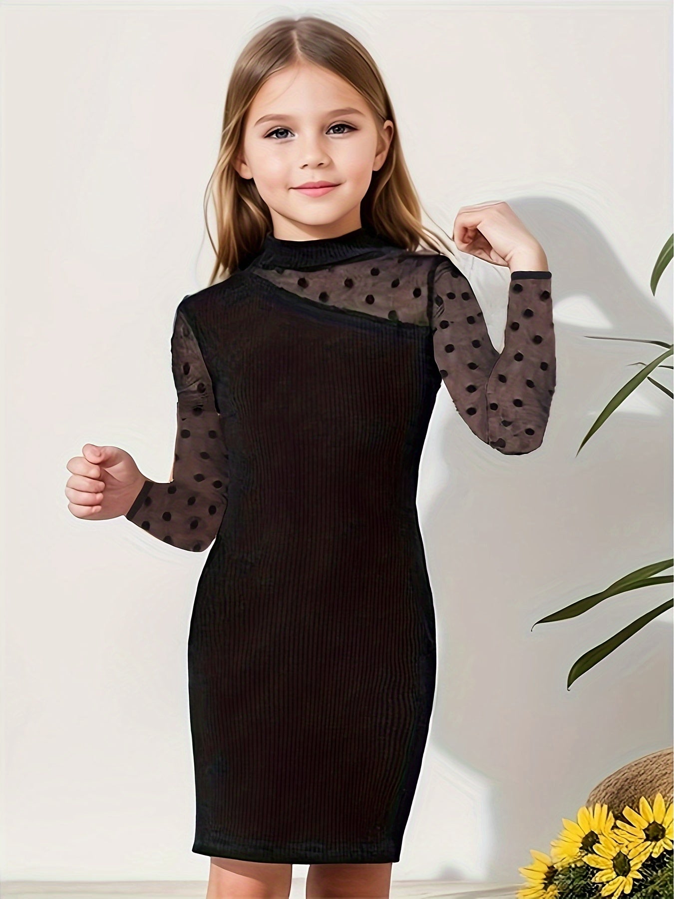 Elegant Girls Splicing Mesh Dress, Long Sleeve, Party & Performance