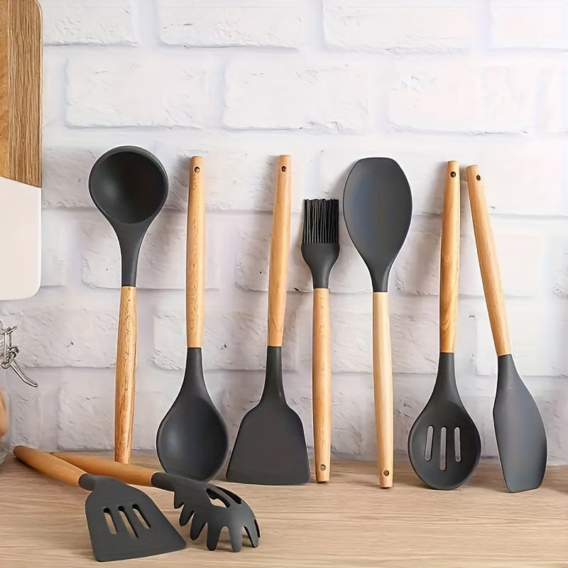 12pcs Non-Stick Silicone Kitchen Utensil Set with Wooden Handles - Safe, Easy to Clean, Ideal for Cooking and Baking