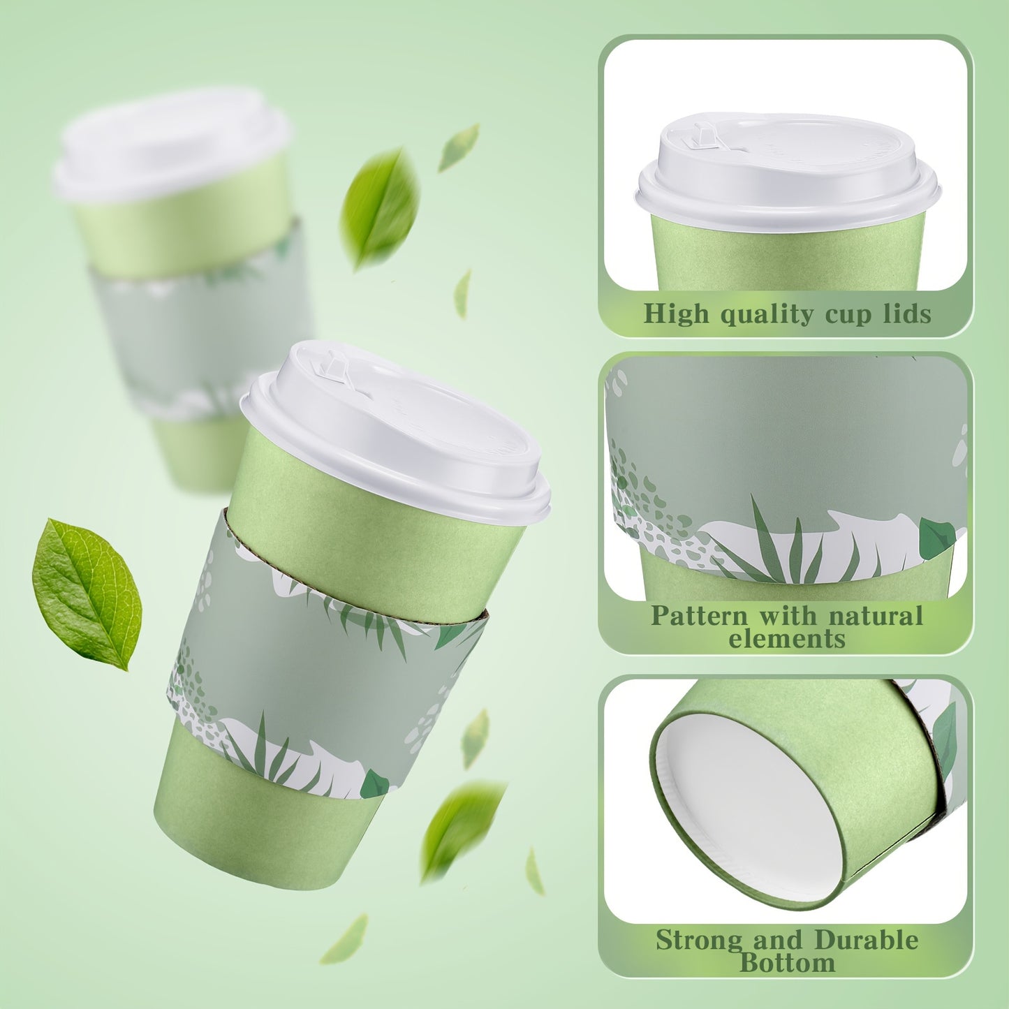 100-pack 16 Oz Sage Green Disposable Coffee Cups with Lids & Sleeves - Bulk Paper Cups for Hot Drinks