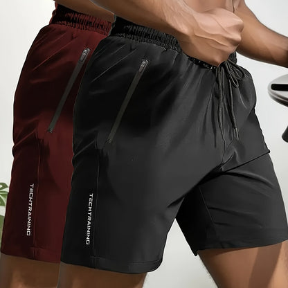 2pcs Men's Letter Print Casual Shorts With Pockets, Sporty Style Elastic Waist Bottoms, Men's Clothing For Summer Gym Workout - Hiccupzz