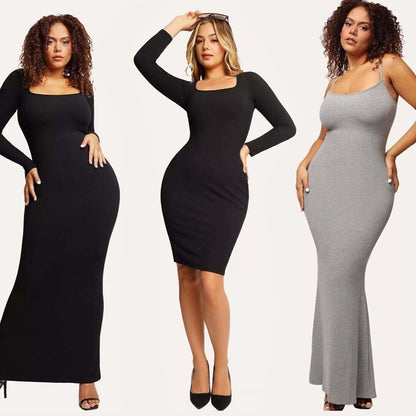 Round Neck Sleeved Slim Fitting Long Dress - Hiccupzz