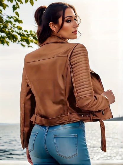 Women's Solid Biker Jacket - Long Sleeve Zipper Streetwear Outerwear - Hiccupzz