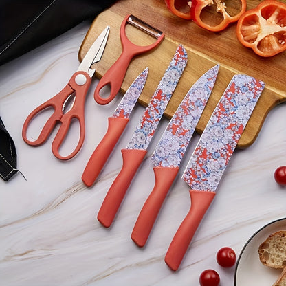 Jasmine Flower 6-Piece Kitchen Knife Set with Chef Knife, Meat Cleaver, Bread Knife, Scissors, Peeler - Hiccupzz