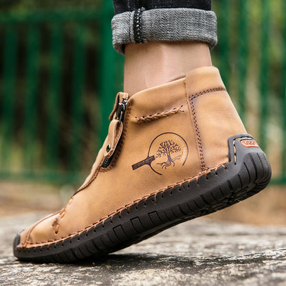 Men's Handmade Boots, Classic Stitching Ankle Boots, Outdoor Casual Zipper Shoes - Hiccupzz