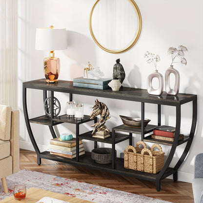 Little Tree Rustic 70.9 Inch Sofa Table with Shelves, Industrial Console Table with Storage, Entryway Table TV Stand