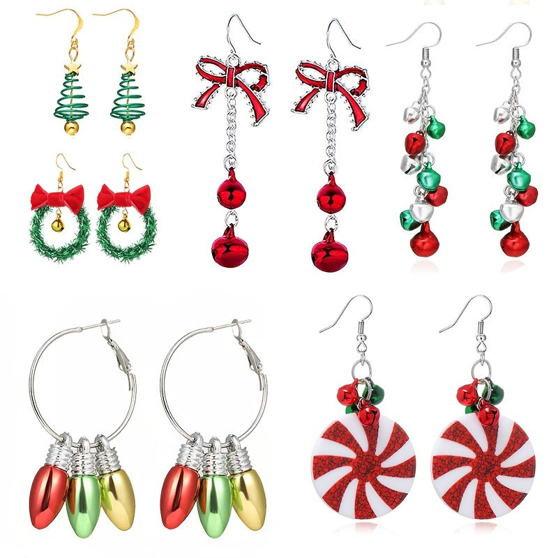 6 Pairs Christmas Dangle Earrings Set - Bow, Bell, Bulb & Tree Designs, Festive Holiday Jewelry for Women