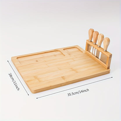 1 Set Bamboo Cheese Board Set, Cheese Tray, Charcuterie Board and Serving Meat Platter with 4 Stainless Steel Cheese Knives