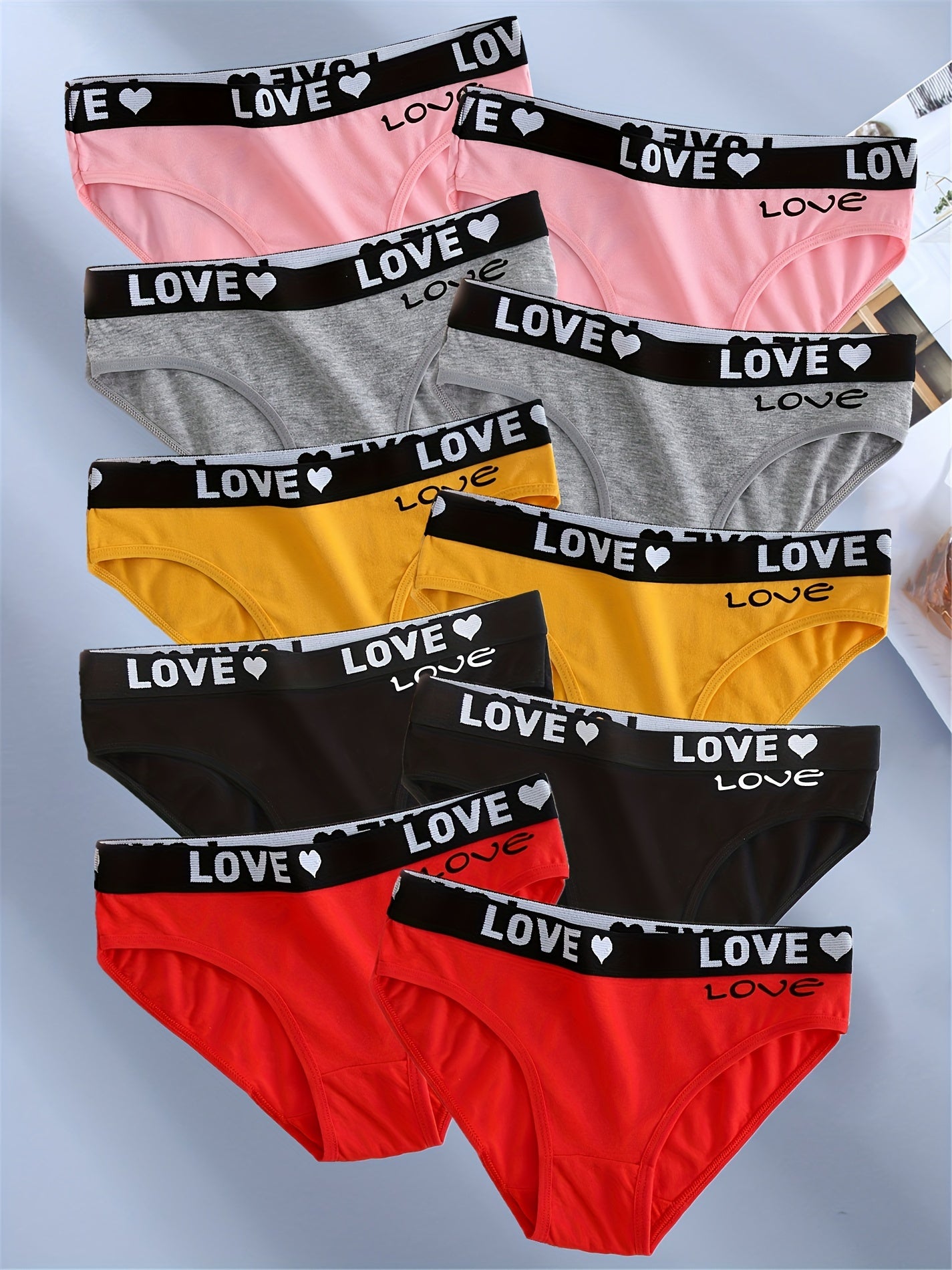 10 Pcs Women's Fashion Briefs with Love & Letter Print, Breathable Butt-Lifting Cotton Panties