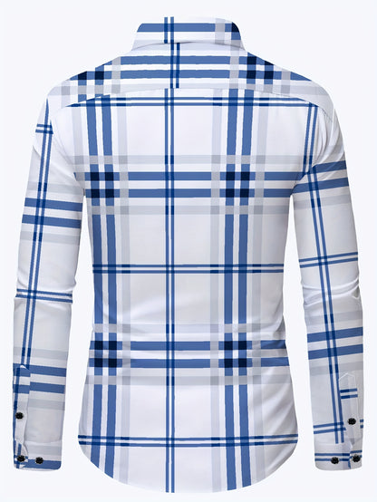 Slim Fit Plaid Button-Down Shirt with Hexagon Buttons and Silver Edging, Men's Preppy Casual Style - Hiccupzz