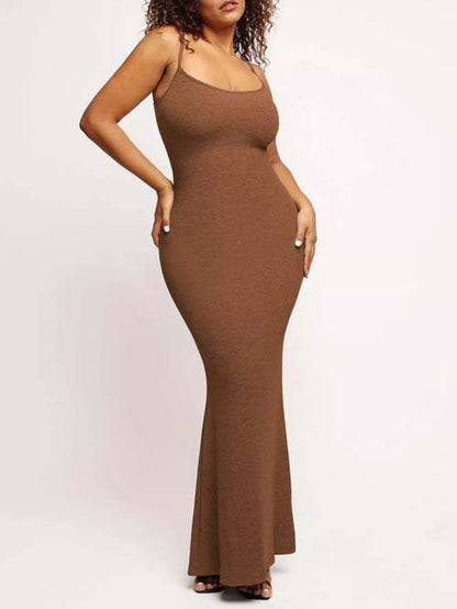 Round Neck Sleeved Slim Fitting Long Dress - Hiccupzz