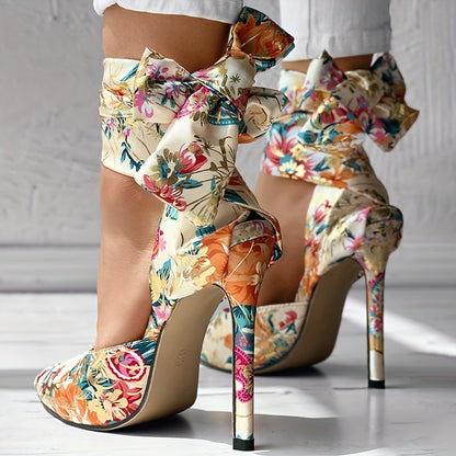 Floral Satin High Heels - Elegant Pointed Toe Lace Up Stilettos for Parties and Dressy Occasions - Hiccupzz