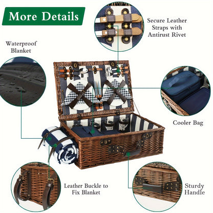 Extra Large Willow Picnic Basket with Service Set for 4 Persons, Natural Wicker Picnic Hamper with Free Food Cooler, Fleece Blanket and Tableware - Hiccupzz