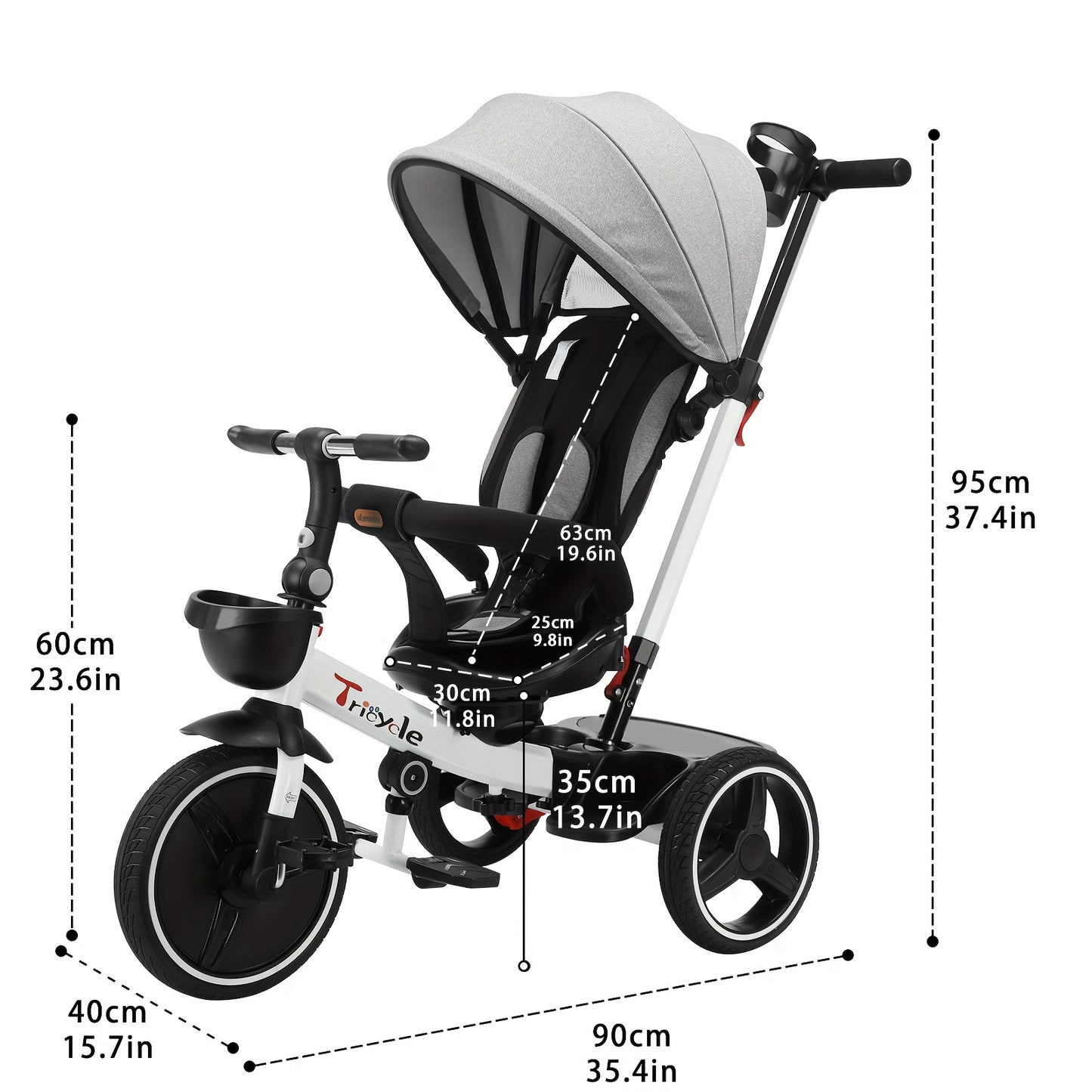 1 Pc 6-in-1 Baby Tricycle Push Bike, Steerable Stroller with Detachable Guardrail, Adjustable Canopy, Safety Harness, Folding Pedals, Storage Basket, Brake, and Shock Absorption