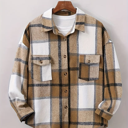 Men's Classic Plaid Lapel Shirt, Casual Slightly Stretch Breathable Button Up Shirt For Outdoor - Hiccupzz