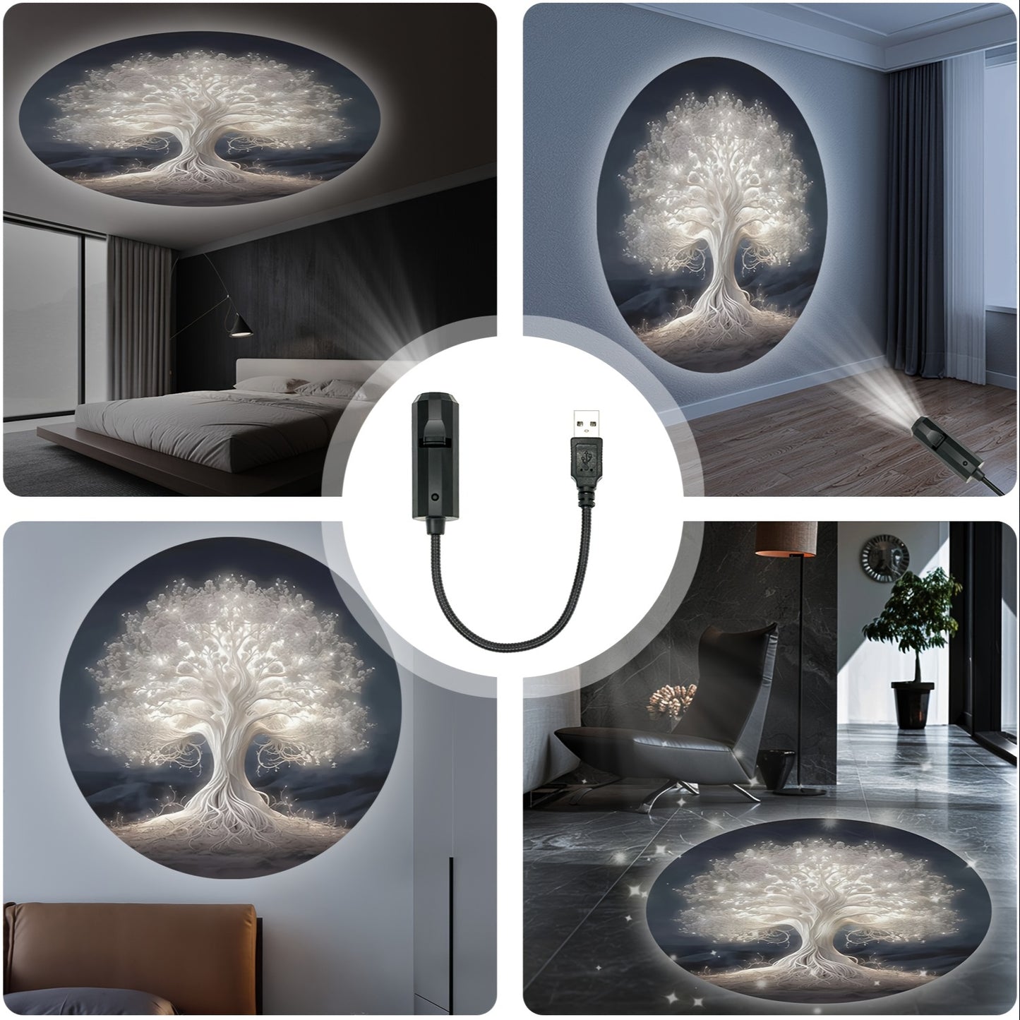 Tree of Life LED Projector Night Light - USB Powered, 360° Rotatable & Adjustable, Ideal for Room Decor